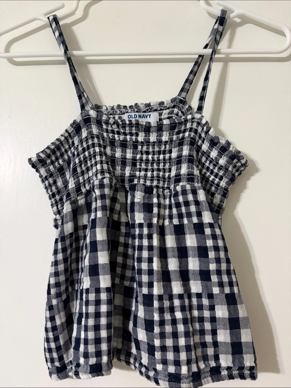 Old Navy Navy and White Gingham Smocked Spaghetti Strap Top